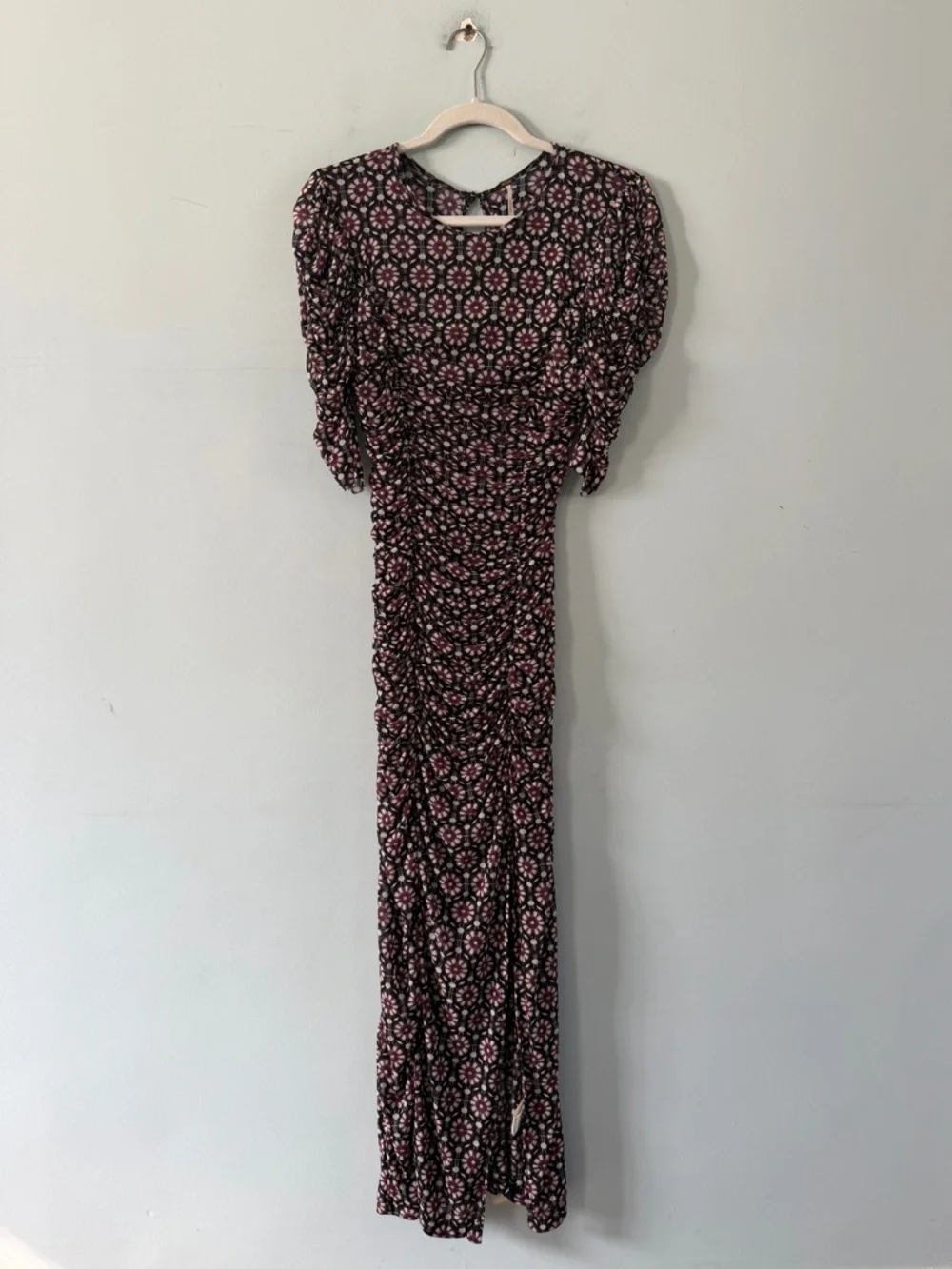 NWT Free People Briella Ruched Black‎ Purple Floral Combo Mesh Boho Midi Dress
